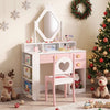 Kids vanity set in white and pink with a crown mirror, heart-shaped chair, and multiple storage options for girls.