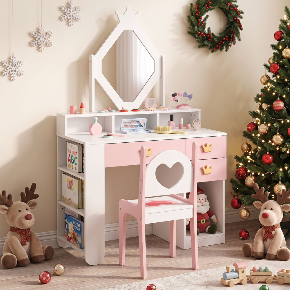 Kids vanity set in white and pink with a crown mirror, heart-shaped chair, and multiple storage options for girls.