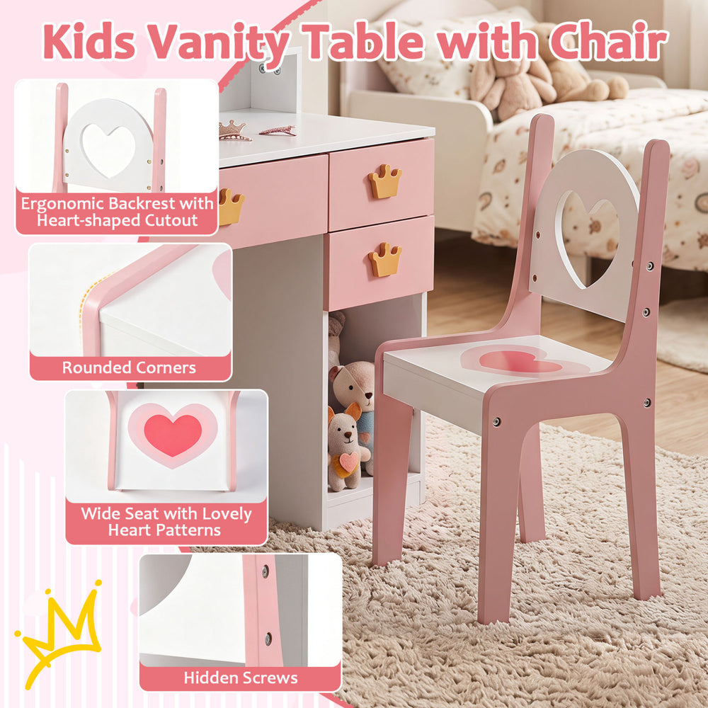 Kids vanity set featuring a pink and white chair with a heart-shaped cutout, perfect for pretend play and study.