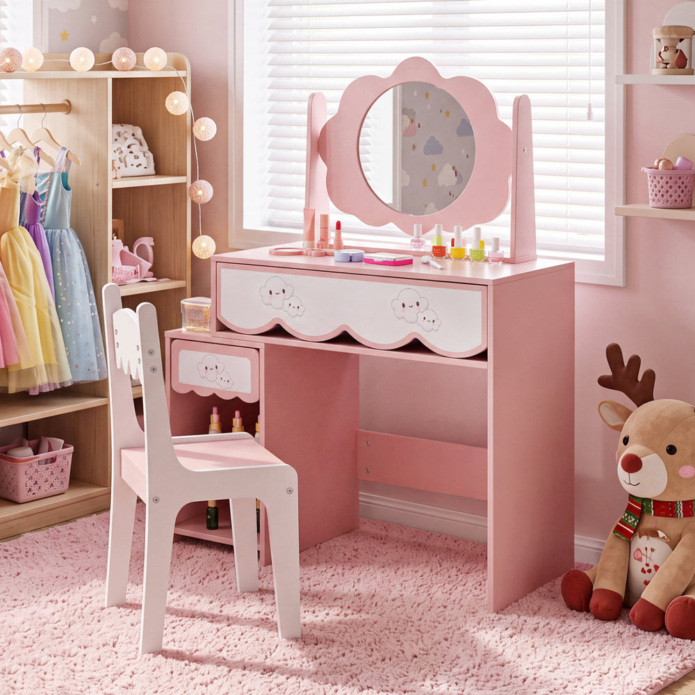 Kids vanity set in pink with a 360° rotating mirror, two drawers, and a chair, perfect for pretend play and storage.