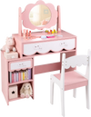 Kids vanity set in pink with a 360° rotating mirror, two drawers, and a chair, perfect for pretend play and organization.