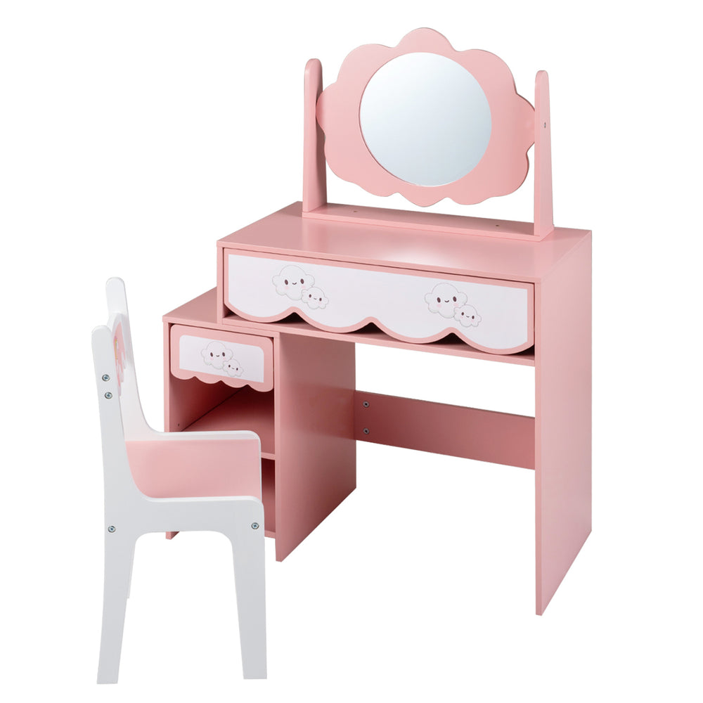 Kids vanity set in pink with a 360° rotating mirror, two drawers, and a chair for imaginative play and organization.