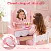 Kids vanity set in pink featuring a 360° rotating mirror, large tabletop, and two drawers for organized play and storage.