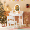 Kids vanity set in white featuring a lighted mirror, spacious tabletop, and jewelry organizer for playroom use.