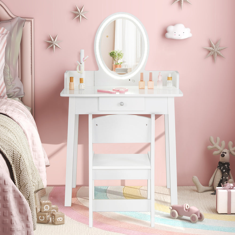 Kids vanity set in white with a lighted mirror, spacious tabletop, and drawer, perfect for a child's room.