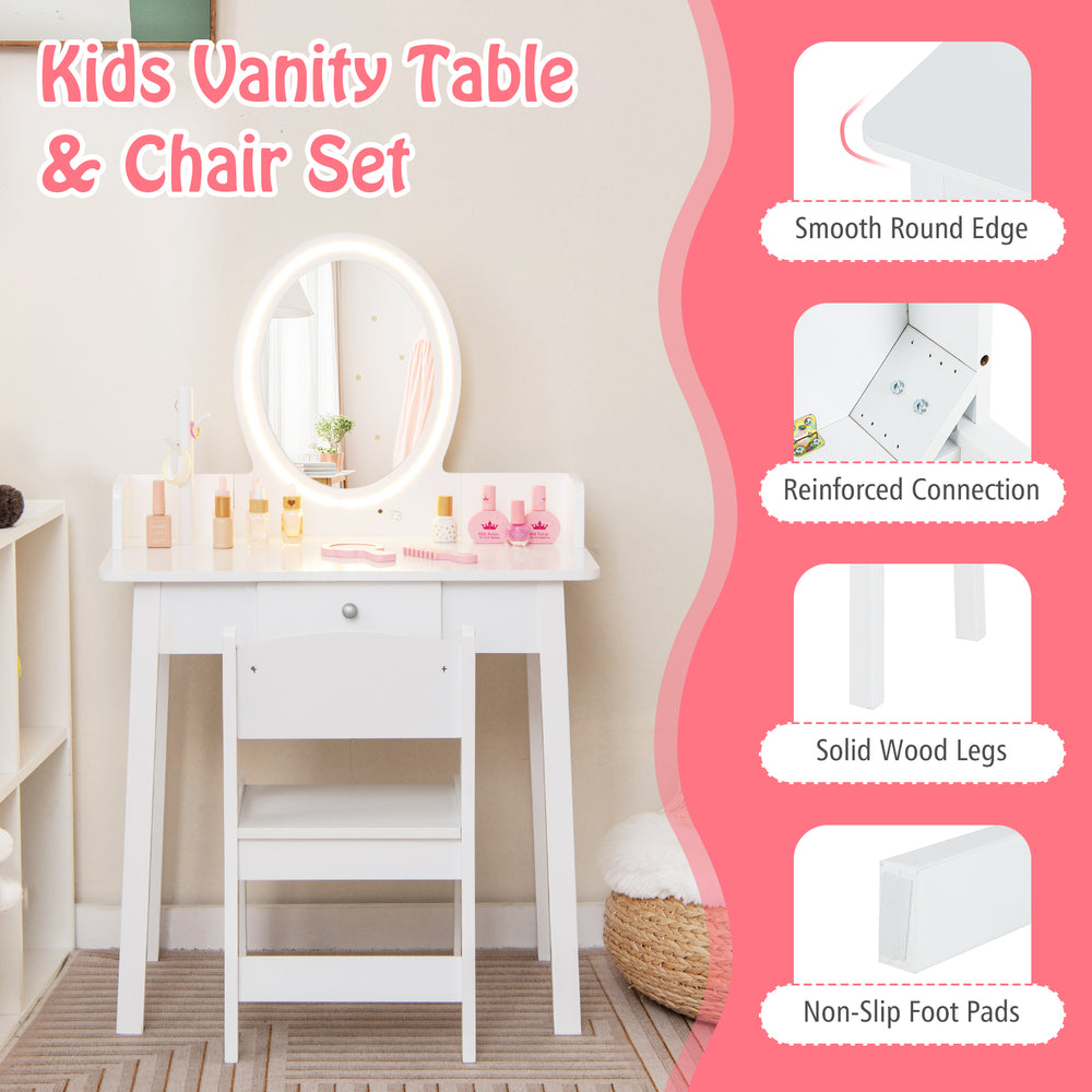 Kids vanity table set in white with LED lighted mirror, spacious drawer, and solid wood legs for durable use.
