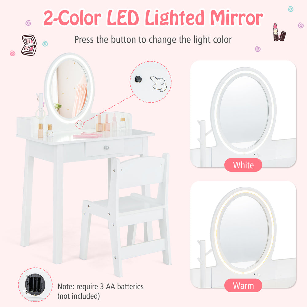 Kids vanity set with a white lighted mirror, featuring a spacious tabletop and drawer for storage, ideal for young.