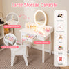 Kids vanity set in white with lighted mirror, spacious tabletop, and large storage drawer for cosmetics and accessories.