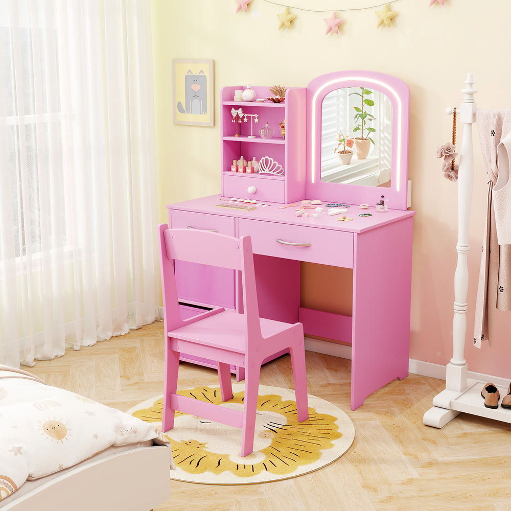 Kids Vanity Set with Lighted Mirror Makeup Desk and Chair Set with Drawers-Pink - Gallery View 1 of 10