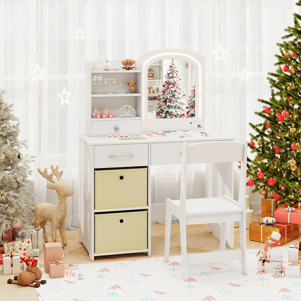 Kids Vanity Set with Lighted Mirror Makeup Desk and Chair Set with Drawers-White - Gallery View 1 of 10