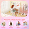 Kids vanity set with lighted mirror, white desk and chair, perfect for dressing, reading, and drawing activities.