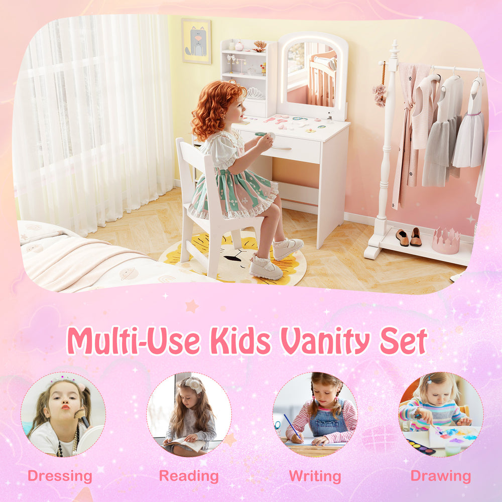 Kids vanity set with lighted mirror, white desk and chair, perfect for dressing, reading, and drawing activities.