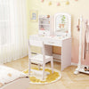 Kids vanity set in white featuring a lighted mirror, drawers, and a chair, perfect for dressing and creative activities.