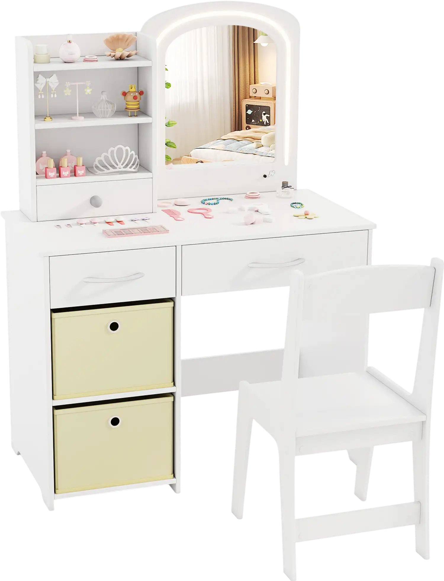 Costway Kids Vanity Set Lighted Mirror Makeup Desk Chair Drawers 567321498 New