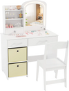 Kids vanity set featuring a lighted mirror, white makeup desk with drawers, and a matching chair for versatile use.