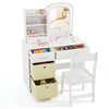 Kids vanity set featuring a lighted mirror, ample storage drawers, and a chair, perfect for dressing and creative.