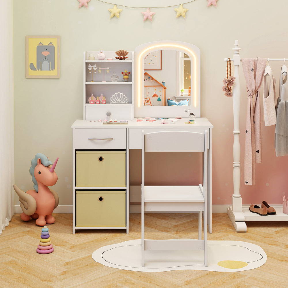 Kids vanity set featuring a lighted mirror and storage drawers, perfect for dressing and creative activities in a.