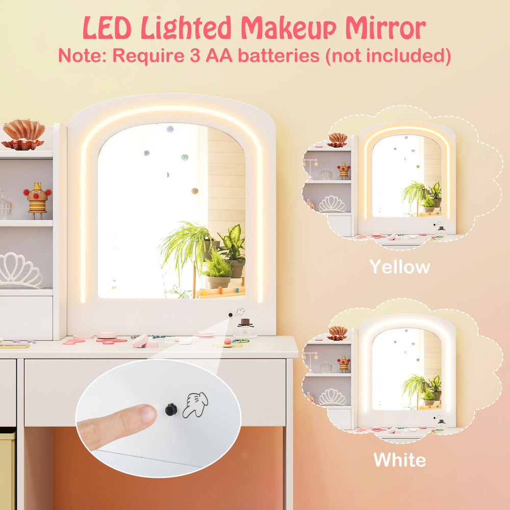Kids vanity set featuring a lighted mirror with adjustable colors, ample storage, and shatterproof acrylic for safe use.