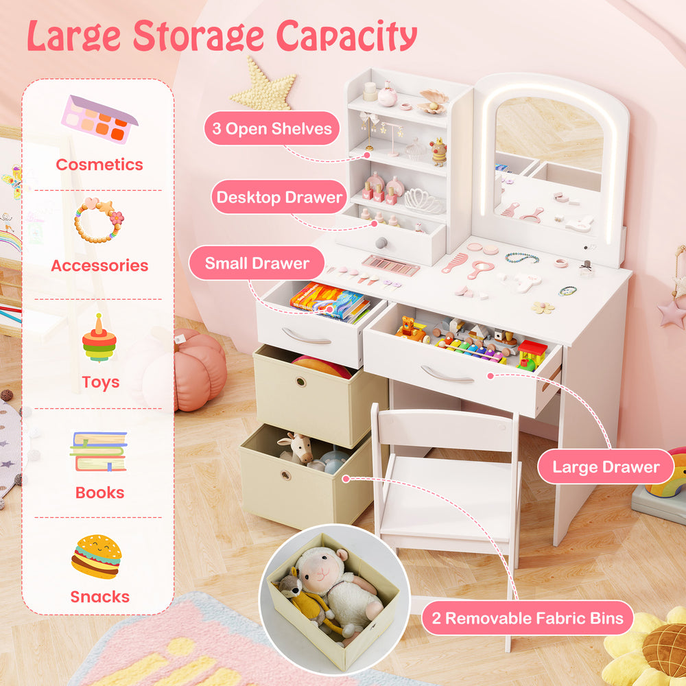 Kids vanity set featuring a lighted mirror, ample storage with shelves and drawers, perfect for dressing and play.