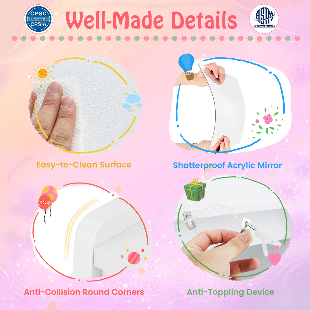Kids vanity set features shatterproof acrylic mirror, easy-to-clean surface, and anti-collision round corners for.