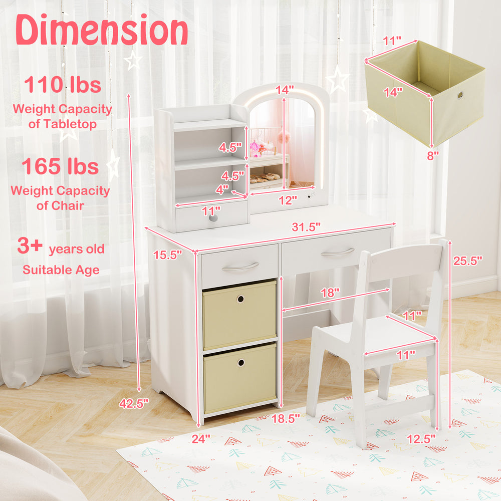 Kids vanity set featuring a lighted mirror, drawers, and chair, designed for ages 3+, in white for safe and stylish use.