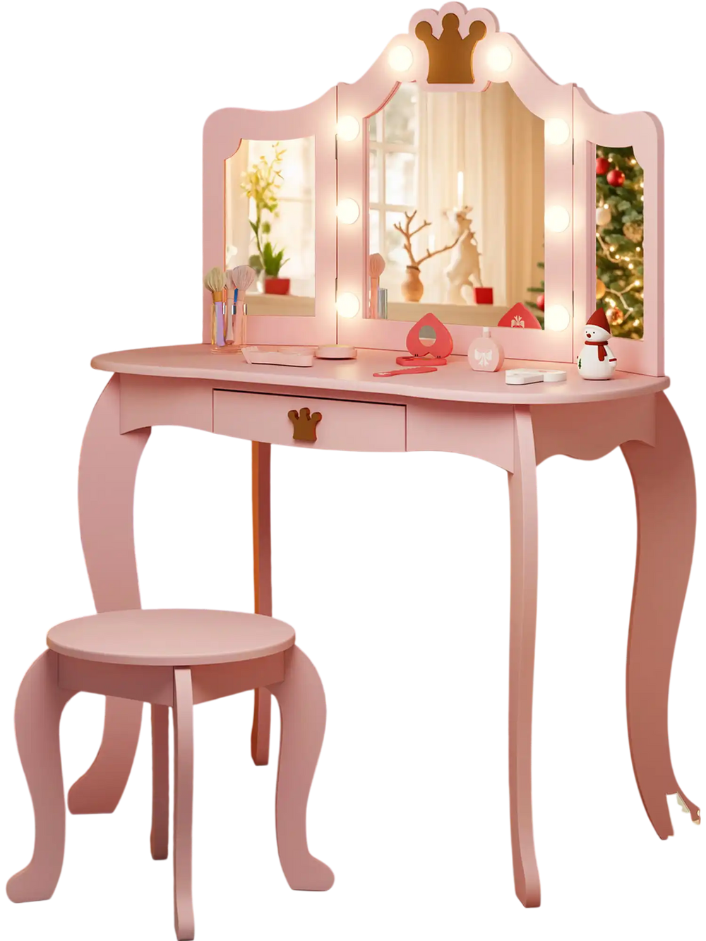 Pink kids vanity set with sturdy curved legs, detachable top, and crown-shaped handle for safe and stylish use.