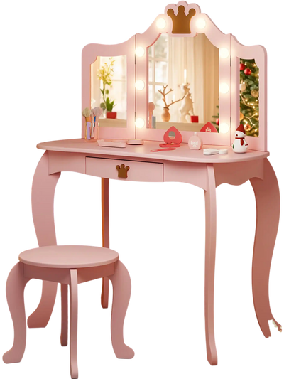 Costway Kids Vanity Set Tri-Fold Lighted Mirror Stool Pink 63782415 New