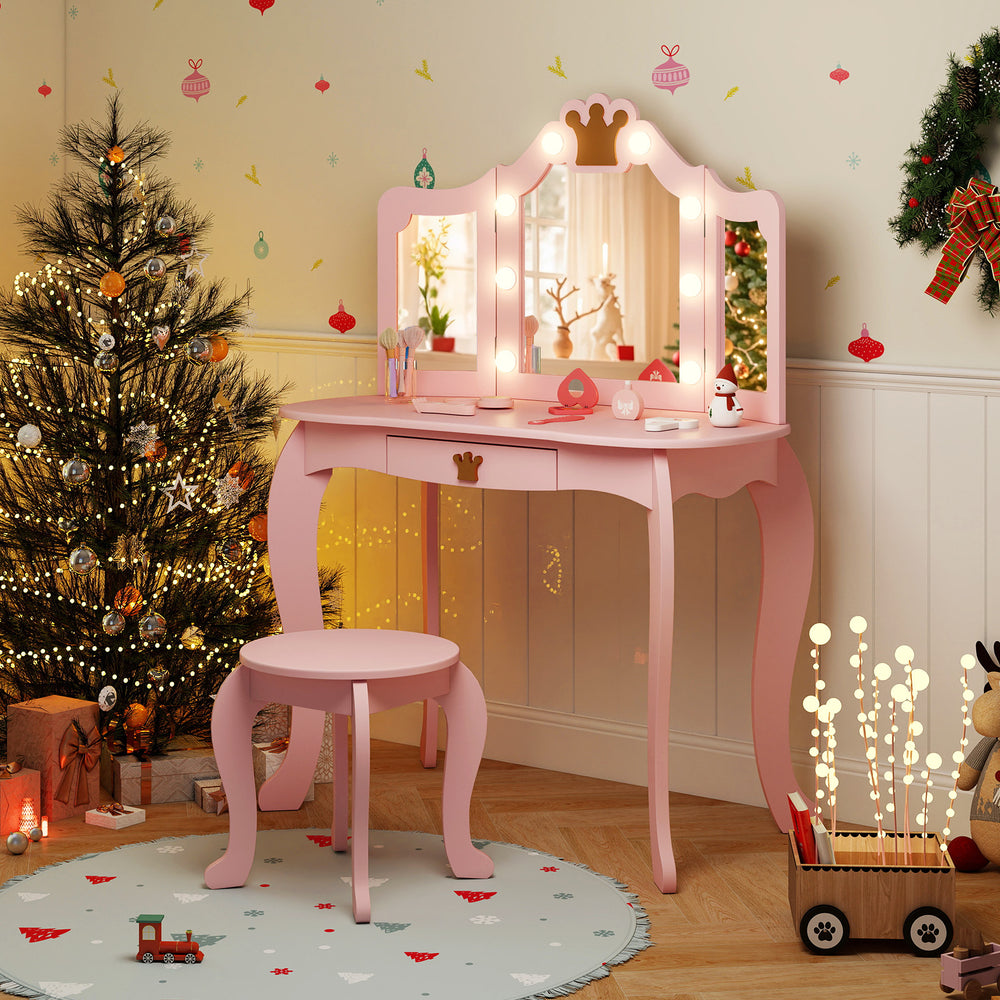 Kids Vanity Set with Tri-fold Lighted Mirror Detachable Top and Stool-Pink - Gallery View 1 of 10