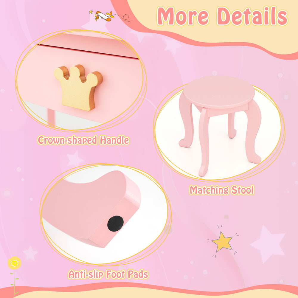 Crown-shaped handle and matching stool of the pink kids vanity set with tri-fold mirror and anti-slip foot pads.