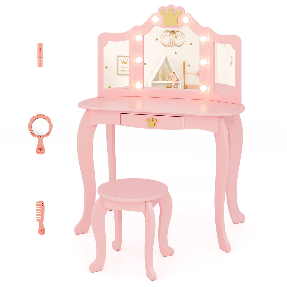 Kids vanity set in pink with tri-fold lighted mirror, detachable top, and stool, ideal for dressing and play.