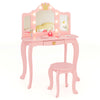Kids vanity set in pink with tri-fold lighted mirror, detachable top, and stool, perfect for dressing and play.