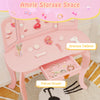 Kids vanity set in pink featuring a spacious tabletop, tri-fold lighted mirror, and pull-out drawer for organization.