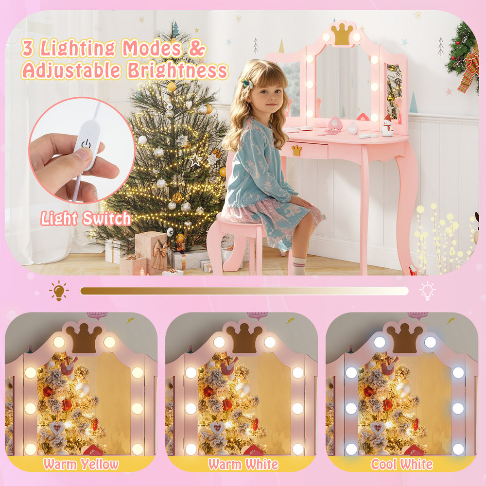 Kids vanity set in pink with tri-fold lighted mirror, adjustable brightness, and detachable top for versatile use.