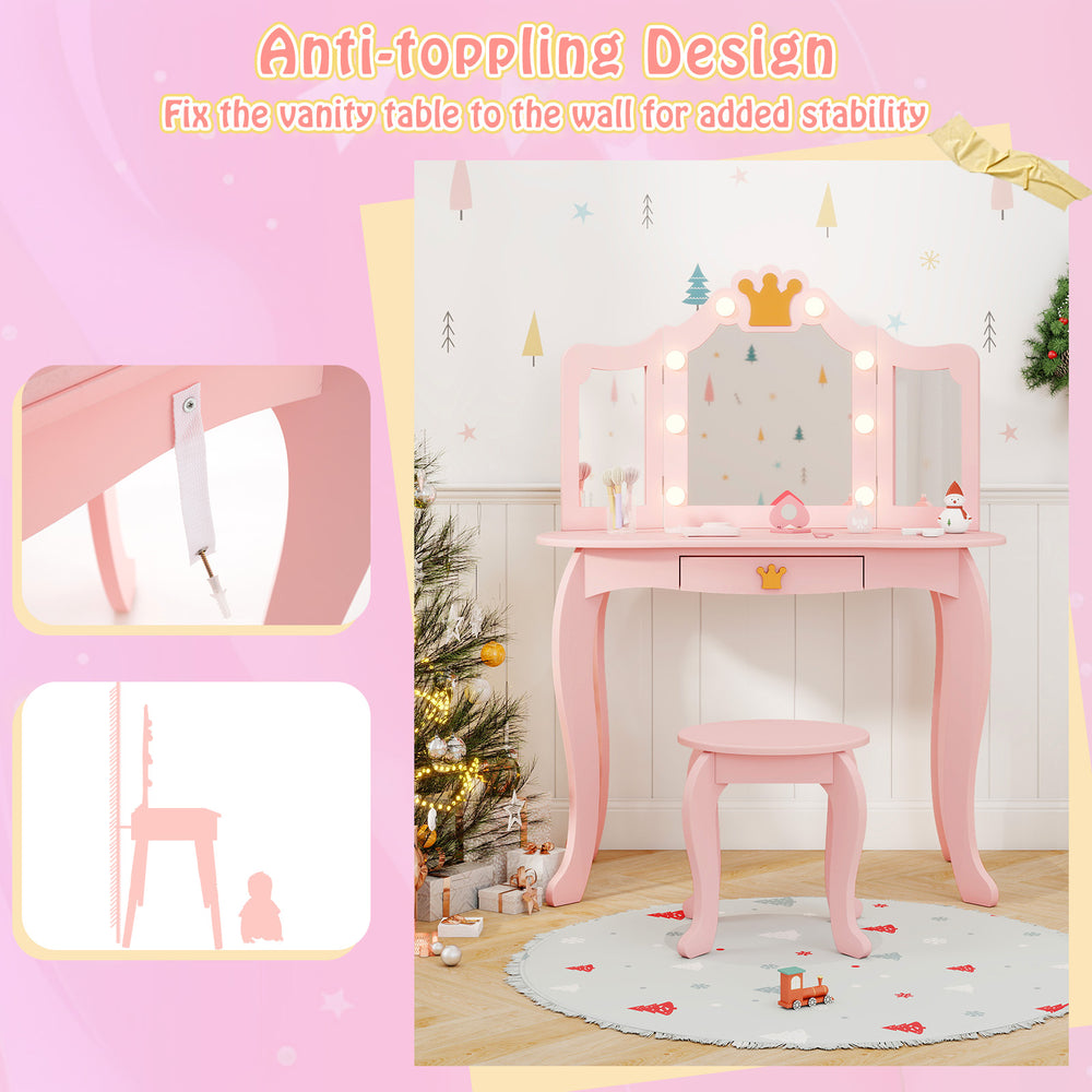 Kids vanity set in pink with tri-fold lighted mirror, detachable top, and spacious drawer for versatile use.