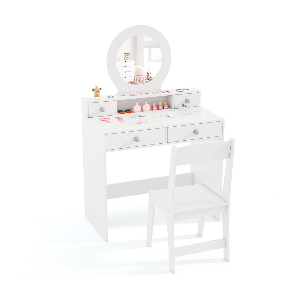 Kids vanity set with mirror in white, featuring ample storage, shatterproof mirror, and anti-collision corners for.