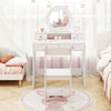 Kids vanity set in white featuring a mirror, storage drawers, and a chair, perfect for dressing and playtime.