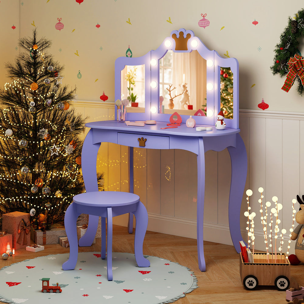 Kids Vanity Set with Tri-fold Lighted Mirror Detachable Top and Stool-Purple - Gallery View 1 of 10