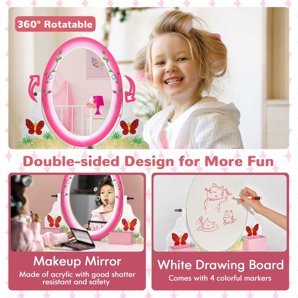 Kids vanity table set featuring a 360° rotating mirror, whiteboard, and storage drawer, perfect for creative play.