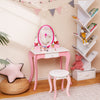 Kids vanity table set in pink with 360° rotating mirror, whiteboard, and storage, perfect for creative play.