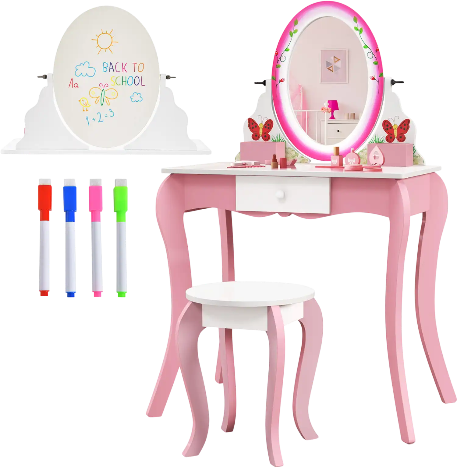 Costway Kids Vanity Table Stool Set Rotating Mirror Whiteboard 43675982 New