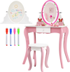 Kids vanity table set in pink with 360° rotating mirror, whiteboard, and storage drawer for creative play.