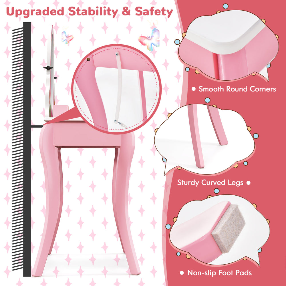 Kids vanity table set featuring a pink design, 360° rotating mirror, and smooth rounded edges for safety and creativity.