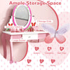 Kids vanity table set in pink with 360° rotating mirror, ample storage, and whiteboard for creative play.