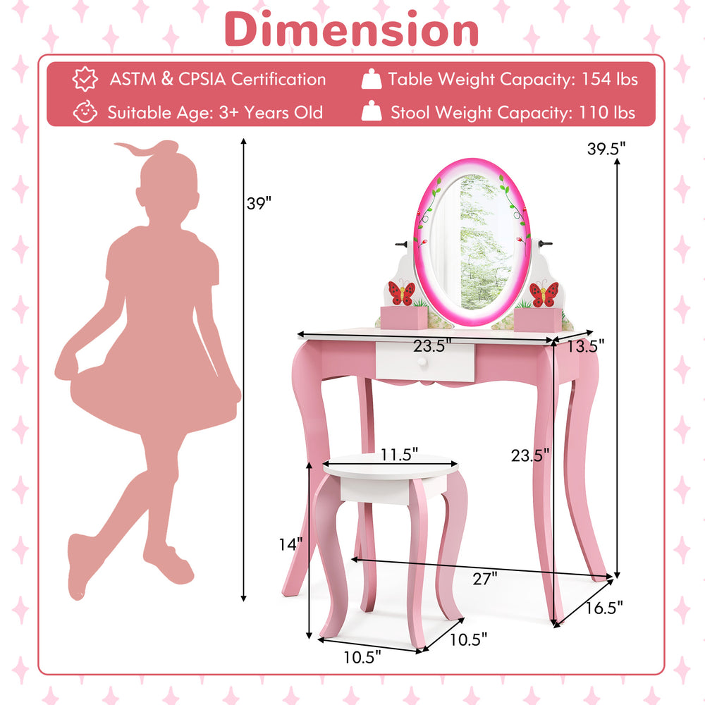 Kids vanity table and stool set in pink with a 360° rotating mirror and whiteboard, designed for ages 3 and up.