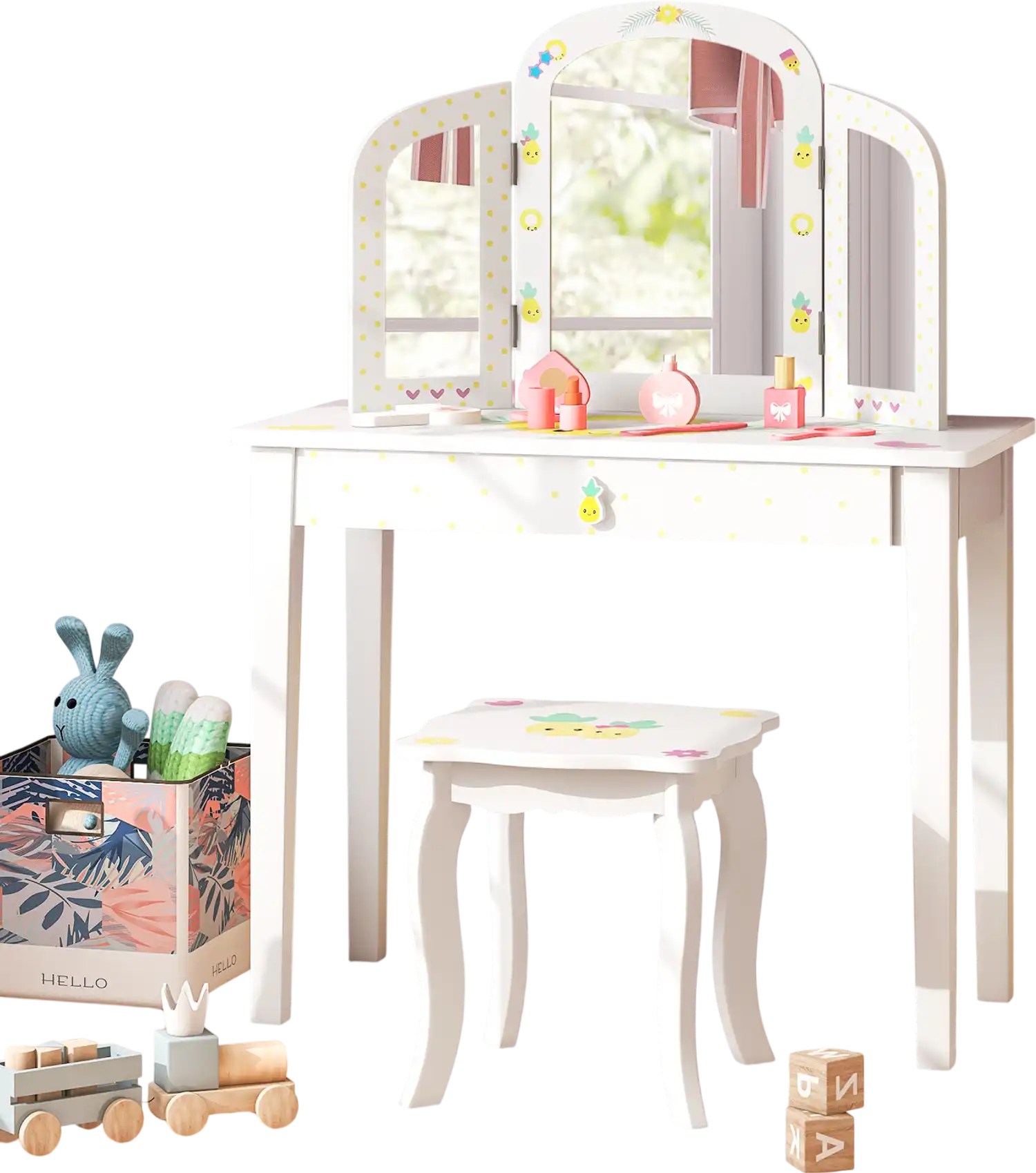 Costway Kids Vanity Table Set Tri-Folding Mirror Large Drawer White 15749623 New