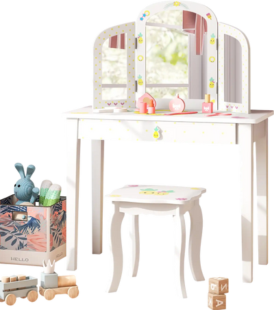 Costway Kids Vanity Table Set Tri-Folding Mirror Large Drawer White 15749623 New
