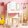 Kids vanity table set in white with tri-folding mirror and large drawer, perfect for dressing up or studying.