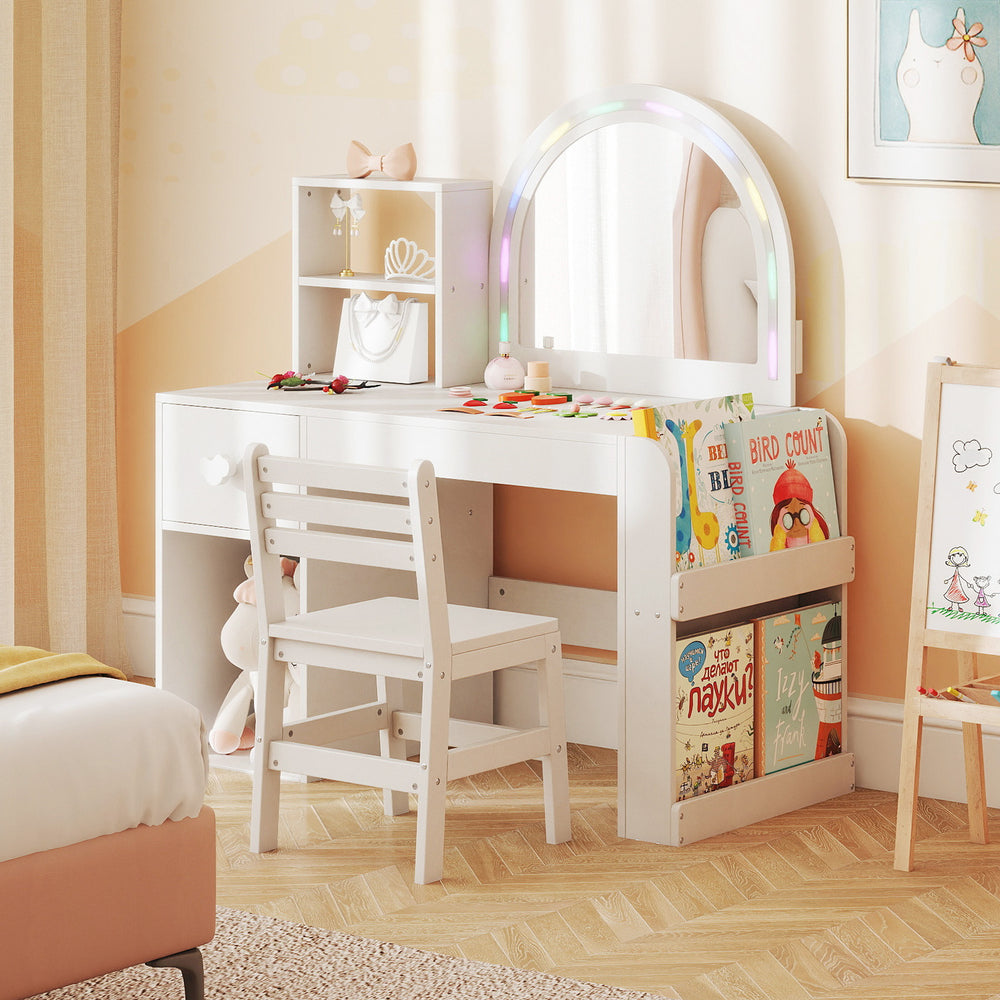 Kids Vanity Table and Chair Set with Lighted Mirror for Kids Aged 3+ Years Old-White - Gallery View 1 of 13