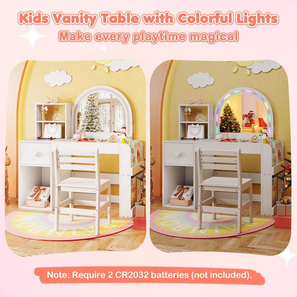 Kids vanity table set with lighted mirror, white finish, includes chair and storage for playroom fun.
