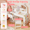 Kids vanity table and chair set in white with lighted mirror, large storage compartments, and ergonomic design for ages.